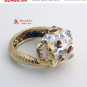 SaLe! sALe! 18K Gold Leopard Ring Rubies Diamonds Panther Head Vintage
