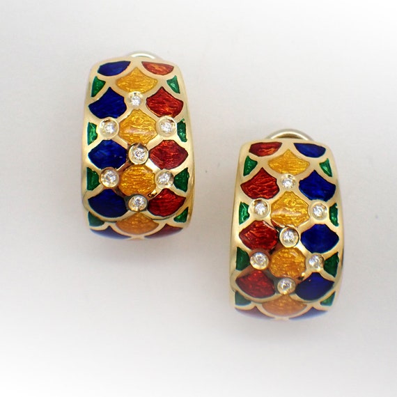 Colorful Enamel Diamond Earrings 18K Yellow Gold