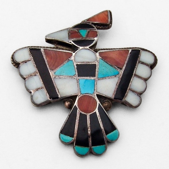 Zuni Thunderbird Pin Brooch Multi Stone Inlay Sterling