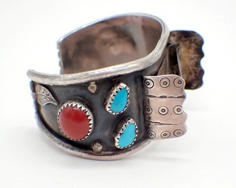 Navajo Watch Cuff Bracelet Sterling Silver Turquoise Coral