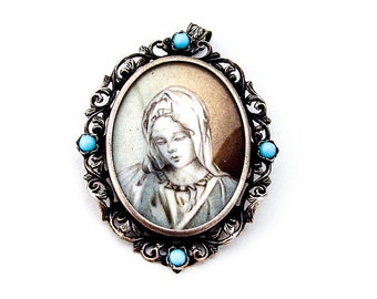 Medallion Portrait Brooch Pendant 800 Silver Faux Turquoise