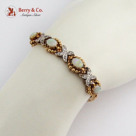 Ornate Opal Diamond Link Bracelet 14 K Two Tone G… - image 1