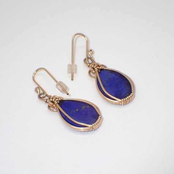 Carved Lapis Lazuli Drop Earrings 14K Yellow Gold - image 3