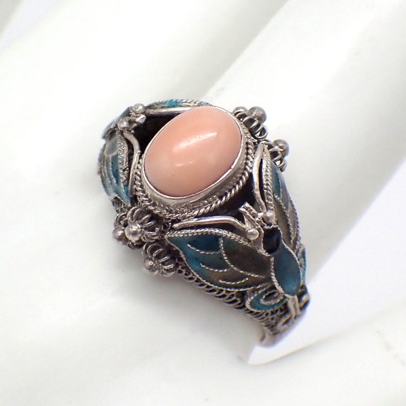 Filigree Coral Ring Sterling Silver Enamel Butter… - image 1