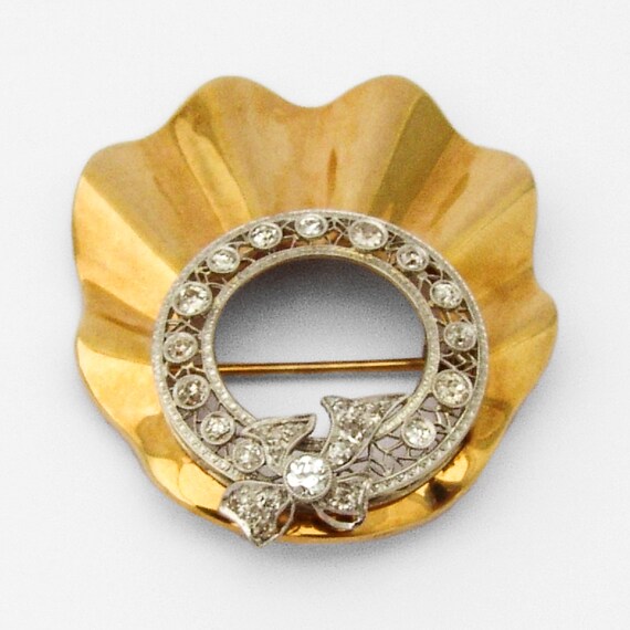 Ornate Diamond Brooch 14K Yellow White Gold - image 2