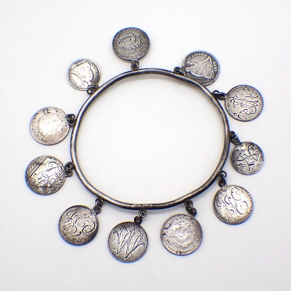 Antique Coin Love Token Bangle Bracelet Sterling … - image 1