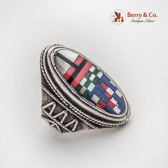 Multistone Inlay Mosaic Long Ring Applied Accents… - image 2