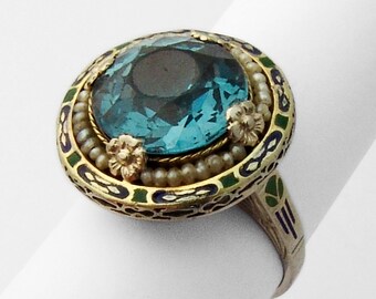 Round Zircon Ring 14K White Gold Enamel Seed Pearls 1910s