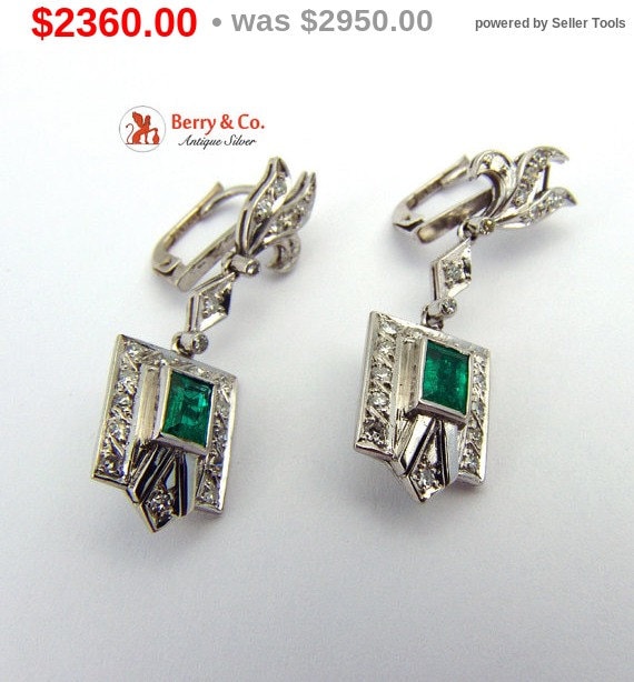 Art Deco Natural Emerald Earrings Diamonds 14 K W… - image 1