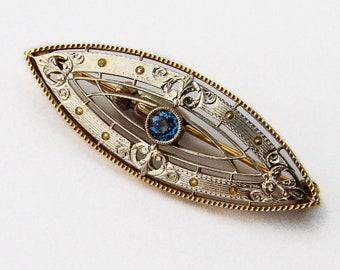 Art Deco Sapphire Eye Brooch Two Tone 14 K Gold