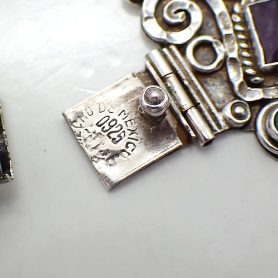 Ornate Necklace Amethyst and Turquoise Decorations Sterling Silver Mexico View 5