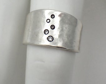 Wide Band Ring Champagne Diamonds Hammered Sterling Silver