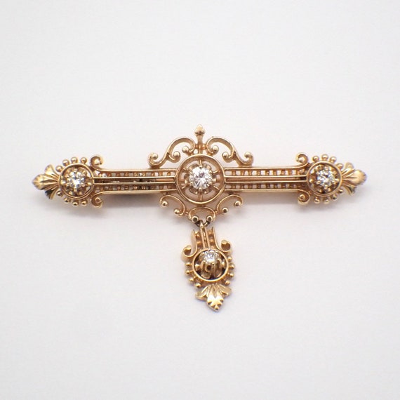 Ornate Bar Pin Brooch Diamonds 14K Gold - image 1