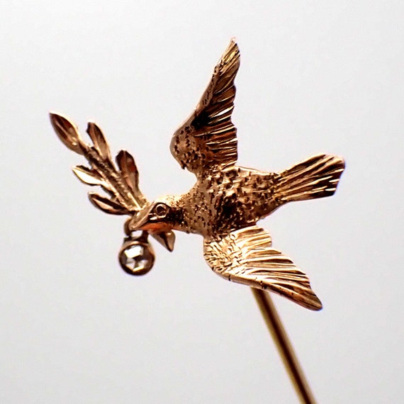 Dove With Olive Branch Stick Pin Diamond 14K Yell… - image 1