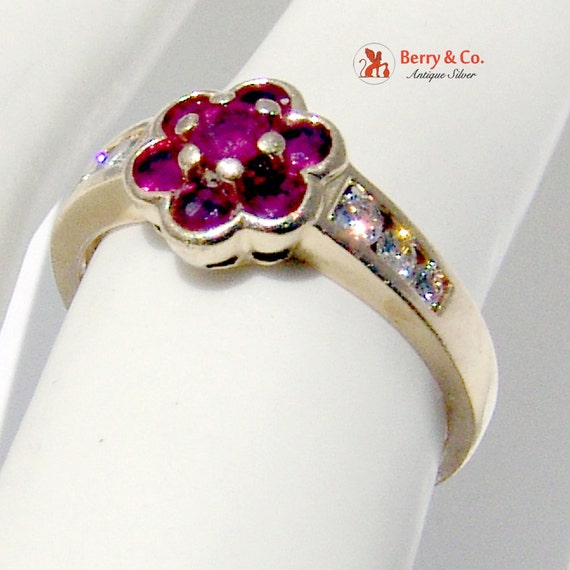 Floral Patterned 14K Gold Ruby Ring Diamond Accent