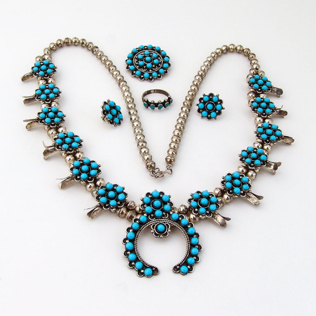 Navajo Squash Blossom Necklace Jewelry Set Sterling Silver 1980s