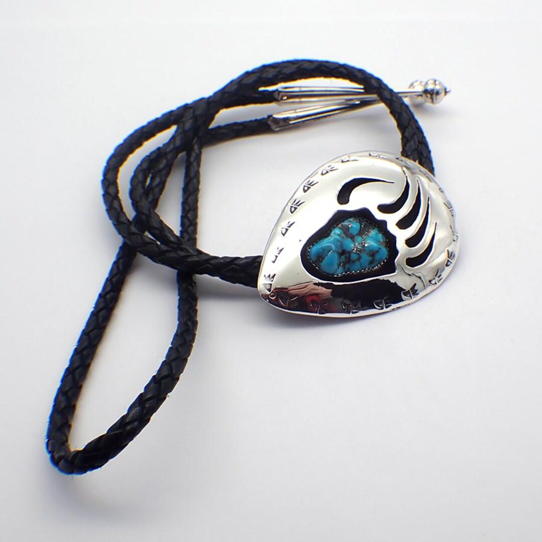 Bear Paw Shadow Box Bolo Tie Turquoise Sterling Silver Leather - Etsy