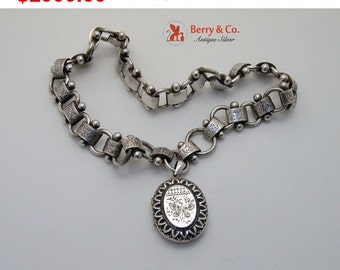 Antique English Victorian Silver Book Chain Necklace And Locket Pendant