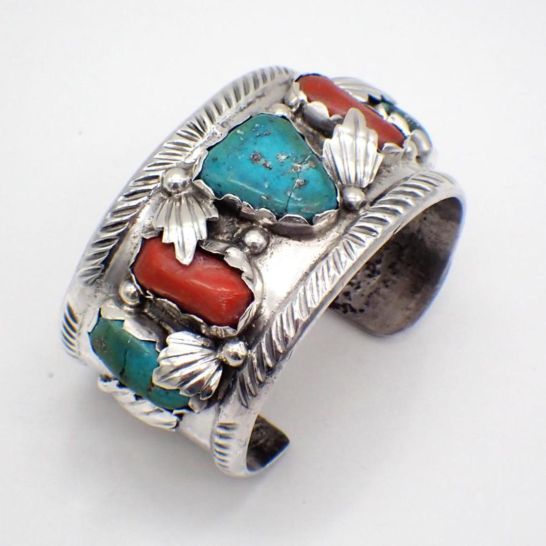 Navajo Cuff Bracelet Turquoise Coral Sand Cast Sterling Silver - Etsy