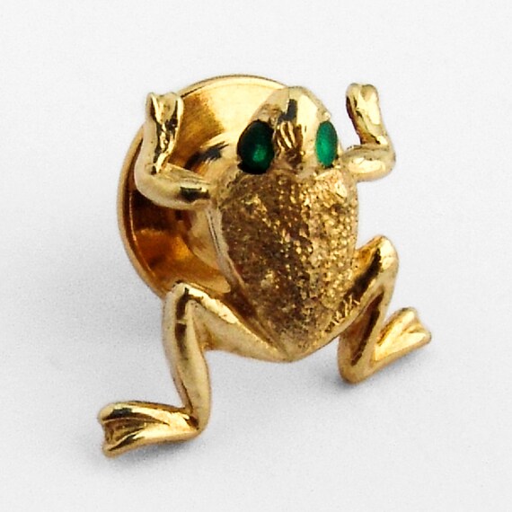 Frog Form Tie Tack Pin 14K Gold Emerald Eyes Gem