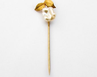 Floral Baroque Pearl Stick Pin 14 K Yellow Gold