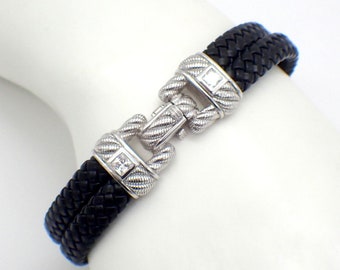 Judith Ripka Braided Leather Bracelet Sterling Silver CZ