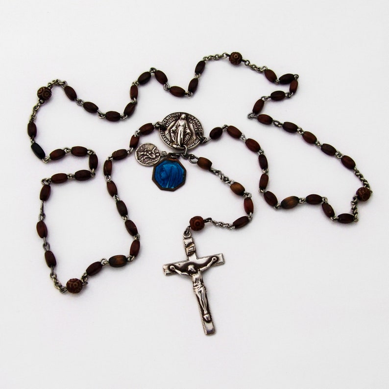 Wood Bead Rosary Necklace Crucifix Cross shops Medallions Sterling Silver