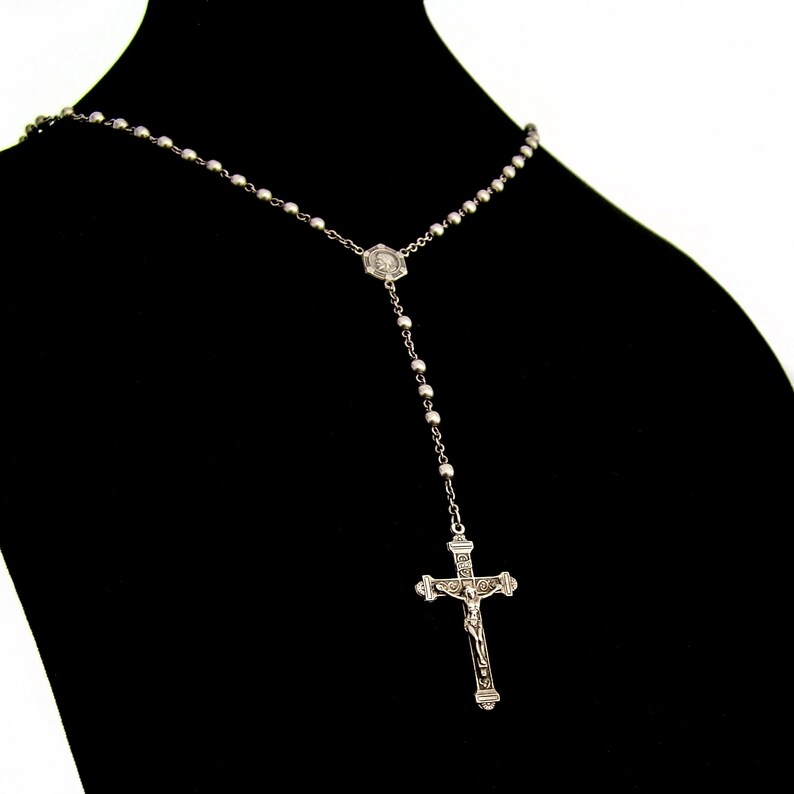 Crucifix Cross Rosary Necklace Sterling Silver