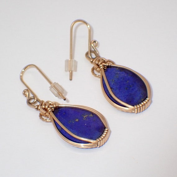 Carved Lapis Lazuli Drop Earrings 14K Yellow Gold - image 4