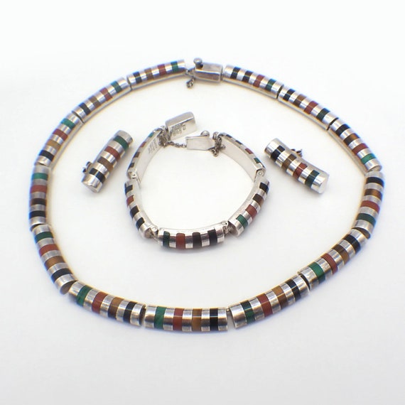 Mexican Modernist Jewelry Set Gem Inlay Sterling … - image 2