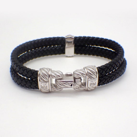 Judith Ripka Braided Leather Bracelet Sterling Silver CZ - Etsy