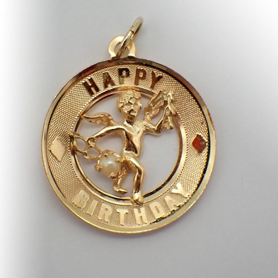 Happy Birthday Charm Pendant Cupid Seed Pearl 14K… - image 1