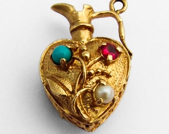 Jeweled Heart Form Pitcher Pendant 14 K Yellow Gold