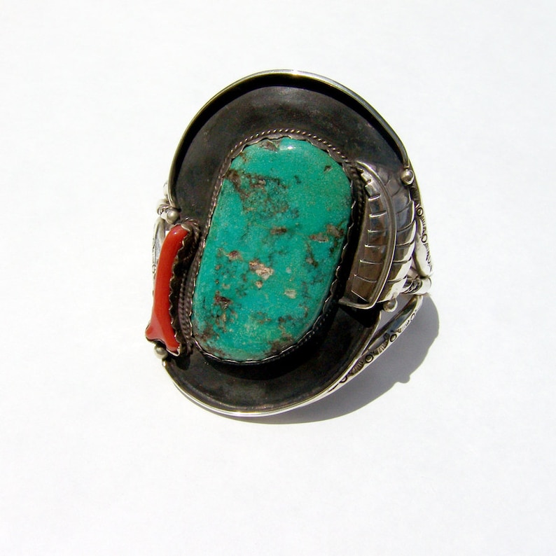 Navajo Large Turquoise Cuff Bracelet Coral Sterling Silver - Etsy