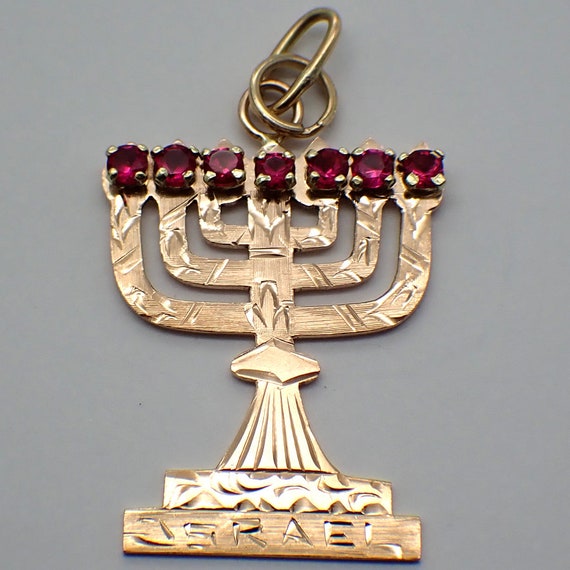 Judaica Menorah Charm Pendant 14K Rose Gold Synth… - image 1