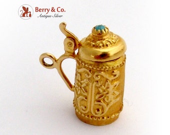 Ornate Tankard Form Charm Blue Cabochon Accent 14K Gold