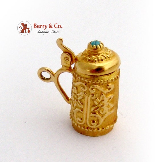 Ornate Tankard Form Charm Blue Cabochon Accent 14… - image 1