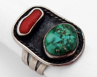Navajo Ring Green Turquoise Coral Sterling Silver