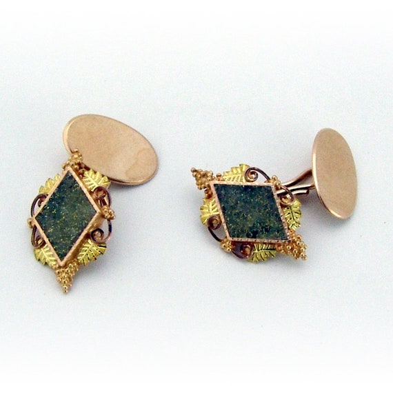 Ornate Gold Quartz Cufflinks 14 K Two Tone Gold