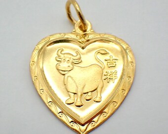 Heart Pendant Cow Image 24K Gold Chinese Characters