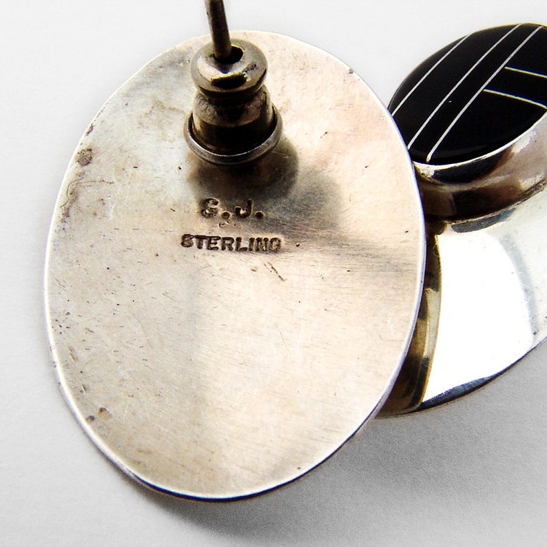 Zuni Oval Earrings Onyx Inlay Sterling Silver Signed