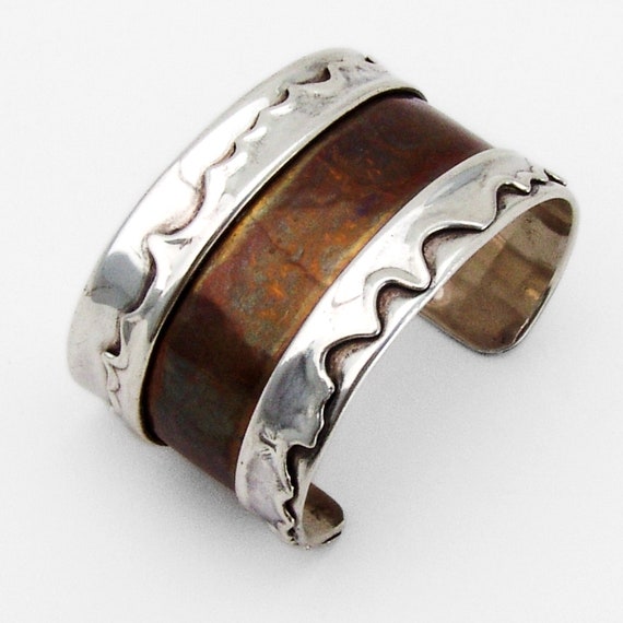 Mixed Metal Wide Cuff Bracelet Copper Sterling Si… - image 1