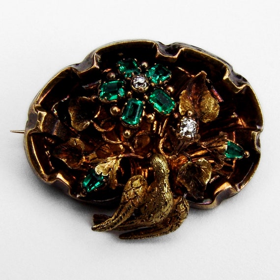 Victorian Brooch Floral Bird Motif Diamonds Emera… - image 2