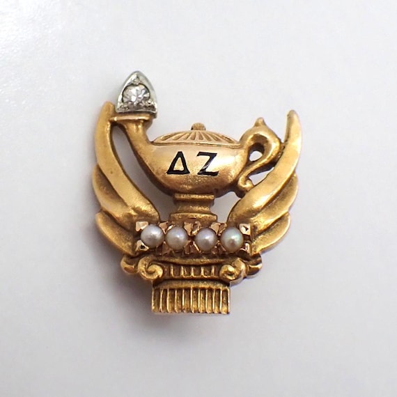 Delta Zeta Oil Lamp Form Pin 10K Gold Diamond Seed Pearls