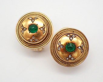 Round Emerald Earrings Diamonds 20K Yellow Gold