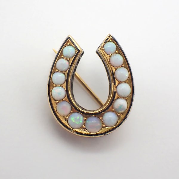 Broche De Herradura Ópalos Blancos Oro Amarillo De 18 Quilates