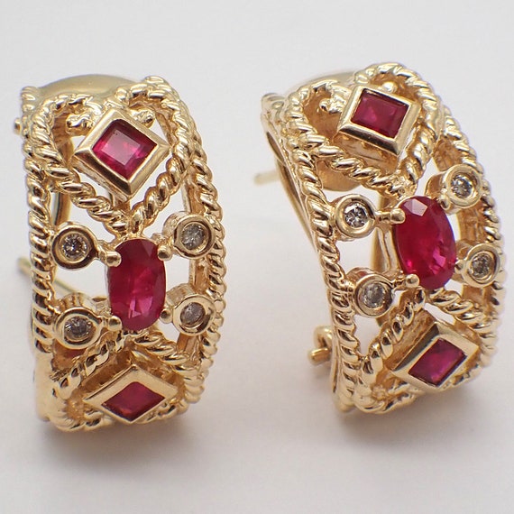 Open Work Ruby Diamond Earrings 14K Gold - image 1