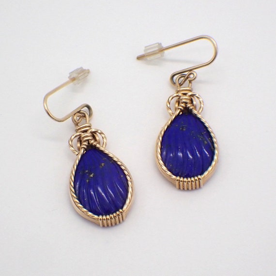 Carved Lapis Lazuli Drop Earrings 14K Yellow Gold - image 1