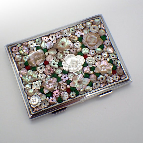 Carved Floral MOP Compact 950 Sterling Silver K U… - image 1