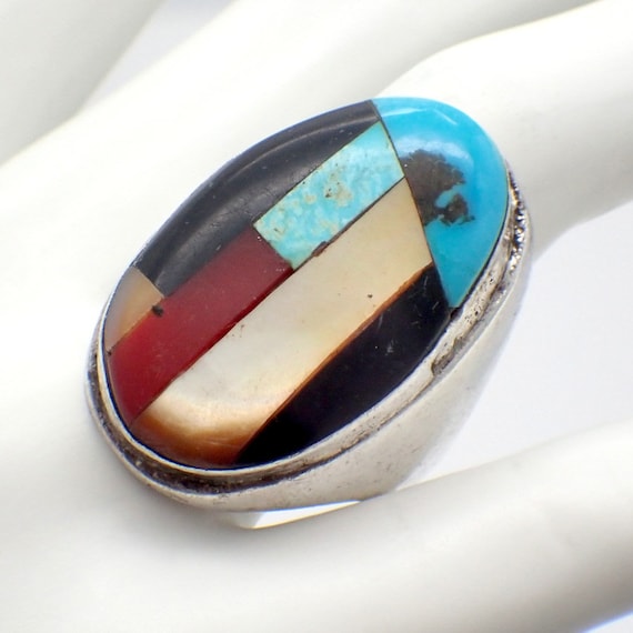 Multi Stone Inlay Oval Ring Sterling Silver
